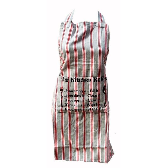 "Kitchen Rules" Striped Cotton Chef's Apron with Front Pocket - Picture 2 of 2